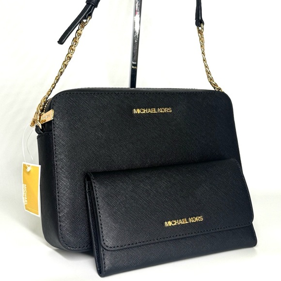 Michael Kors Jet Set Large Logo Crossbody Bag & Matching Trifold Wallet Black - Picture 3 of 11